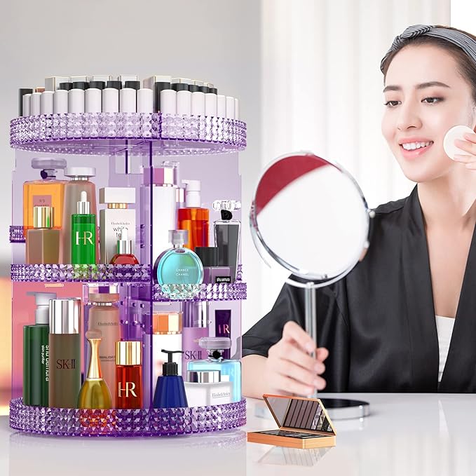 Makeup Organizer 360 Degree Rotating Cosmetic Storage Organizer, Acrylic Make Up Organizer, Large 7 Layers 360 Makeup Organizer, Fits Makeup Brushes, Lipsticks, Bathroom, Vanity, X-Large Purple