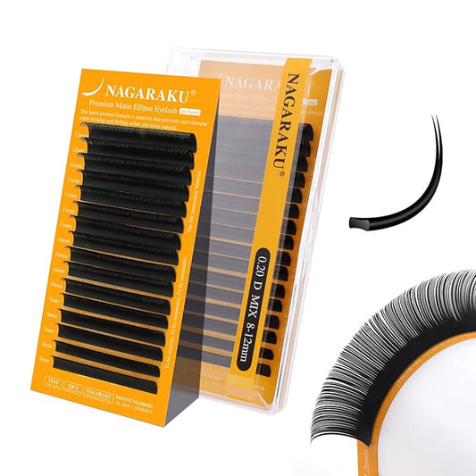 NAGARAKU Flat Ellipse Eyelash Extensions, 5TH GEN AIR SERIES Double Tips Lashes Lighter Thinner Flat Split Tips Individual Lash Matte Black Classic False Eyelashes 16 Rows -0.20 D Curl 8-12mm Mix