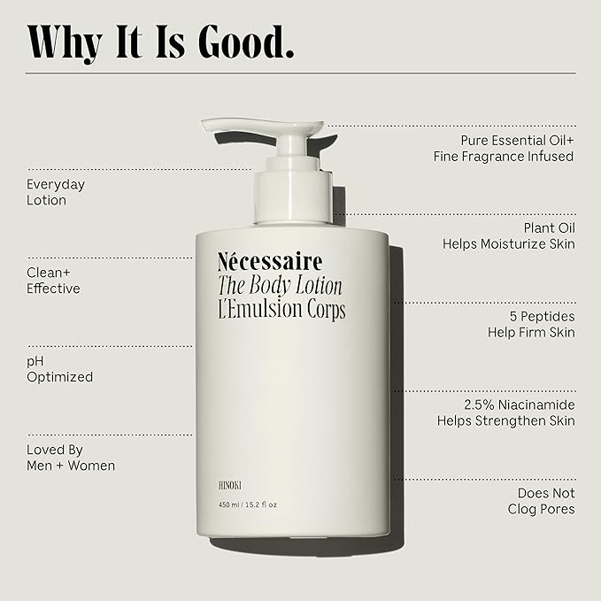 Nécessaire The Body Lotion with Pump. Hinoki. Multi-Peptide Firming Lotion to Moisturize, Firm, Strengthen. 2.5% Niacinamide, Vitamin C/E + Omega 6/9. 450ml / 15.2 fl oz