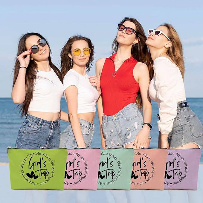 5Pcs Girls Trip Gifts Favors, Girls Weekend Gifts Makeup Bag, Bestie Gifts Weekend Bag Vacation 2025 Cosmetic Bag, Friendship Gifts for Women Her Bride, Graduation Wedding Gifts Toiletry Bag