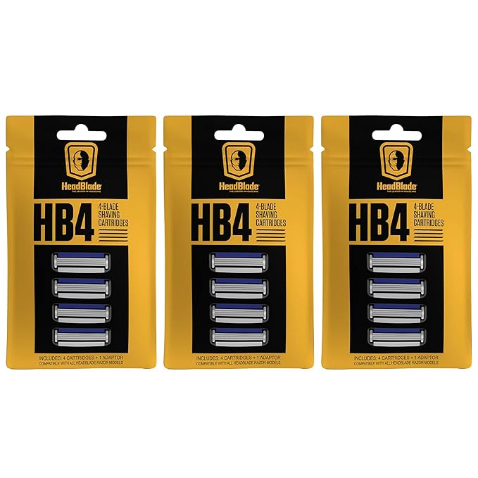 HeadBlade Men's HB4 Refill Shaving Razor Blades - 4 Stainless Steel Blades for No Tugging or Pulling, Shave Less, Works for Face, Body, and Scalp (12 Blades) 3 Pack