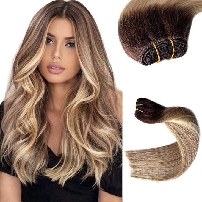 Sew in Hair Extensions Real Human Hair, 18 Inch Weft Hair Extensions Human Hair Bundles 100G Ombre Brown Balayage Blonde Hand-Tied Weft Hair Extensions Weave Bundles Human Hair Extensions for Women