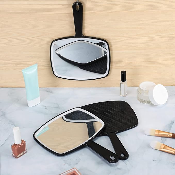 Qunclay 10 Pcs Large Hand Mirror Handheld Mirror with Handle Multi Purpose Barber Mirror with Distortion Free Reflection for Vanity Makeup Salon Travel Use (Black, 7.3'' W x 10.3'' L)