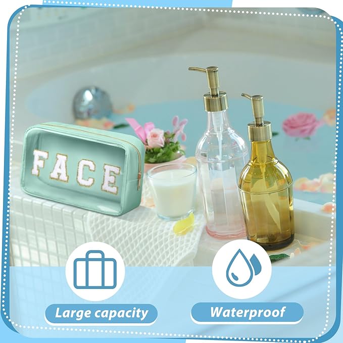 Pinkunn 4 Pcs Preppy Makeup Bags Christmas Chenille Letter Bag Face Skin Hair Stuff Cosmetic Bag Corduroy Makeup Pouch with Zipper Birthday Gifts for Women (Blue Series Colors)