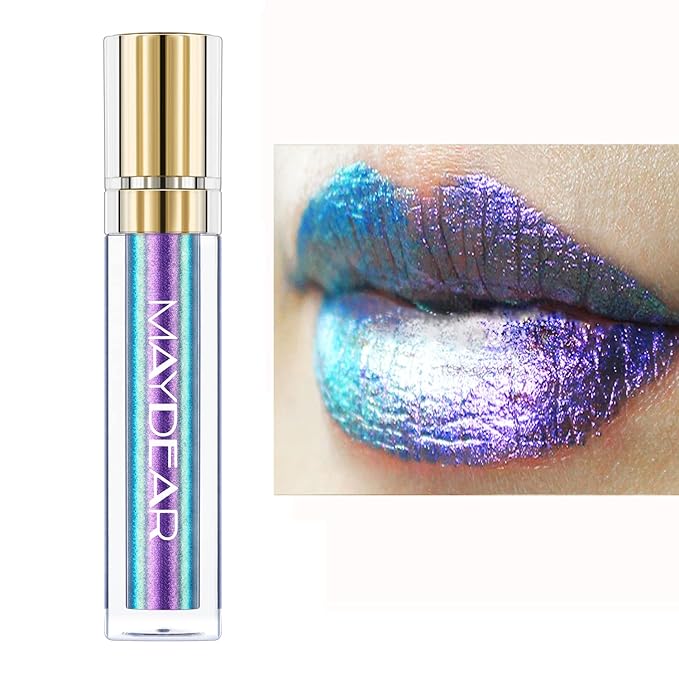 Maydear Chameleon Lipstick, High Pigmented for Women Metallic Shine Lip Gloss, Full-Coverage Multichrome Long Lasting Rainbow Makeup, Blue Purple