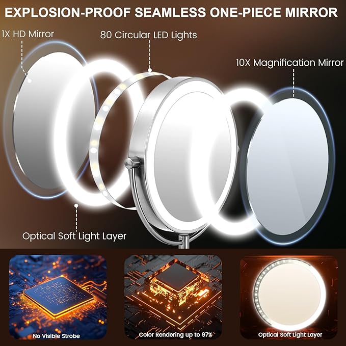 VESAUR 15X Magnifying Mirror with Light, 9" Large 5000mAh Rechargeable Double Sided HD Lighted Makeup Mirror with 3 Touch Dimmable Light, 360° Swivel Detachable for Travel Vanity Mirror Nickel, Gifts