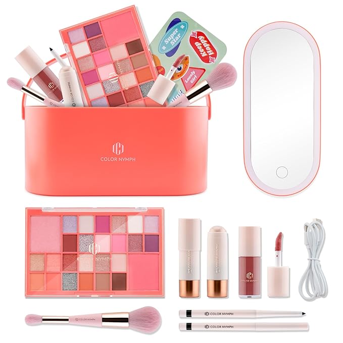 Color Nymph Makeup for Kids with LED Mirror, Make Up Set with Carrying Case for Beginners, Including 26-Color Face Palette Highlighter Lipgloss Eyeliner Dual-Ended Brush