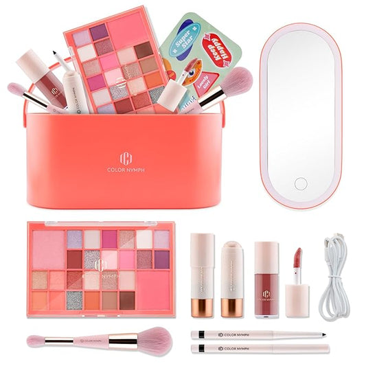 Color Nymph Makeup for Kids with LED Mirror, Make Up Set with Carrying Case for Beginners, Including 26-Color Face Palette Highlighter Lipgloss Eyeliner Dual-Ended Brush