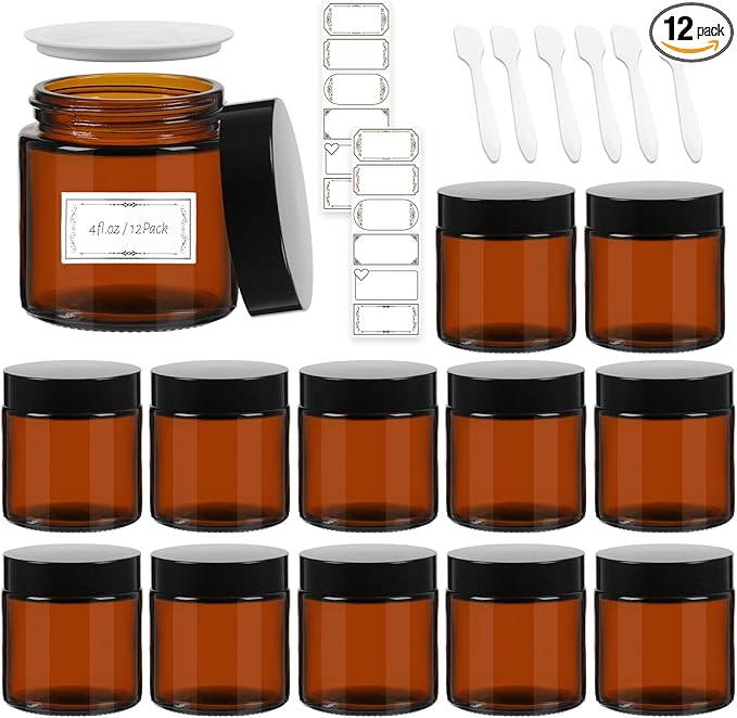 AuroTrends 4 oz Amber Glas Jars with Lids 12Pack, Portable Amber Round Empty Glass Candle Jars with Lids/Body Butters Containers/Body Butter Jar (4 fl. oz, Set of 12)
