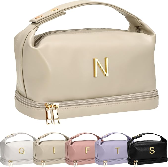 Engagement Gifts, Initial Large Makeup Bag, Personalized Double Layer Cosmetic Bag with Makeup Brush Organizer, Waterproof, Large Capacity PU Leather Travel Toiletry Bag
