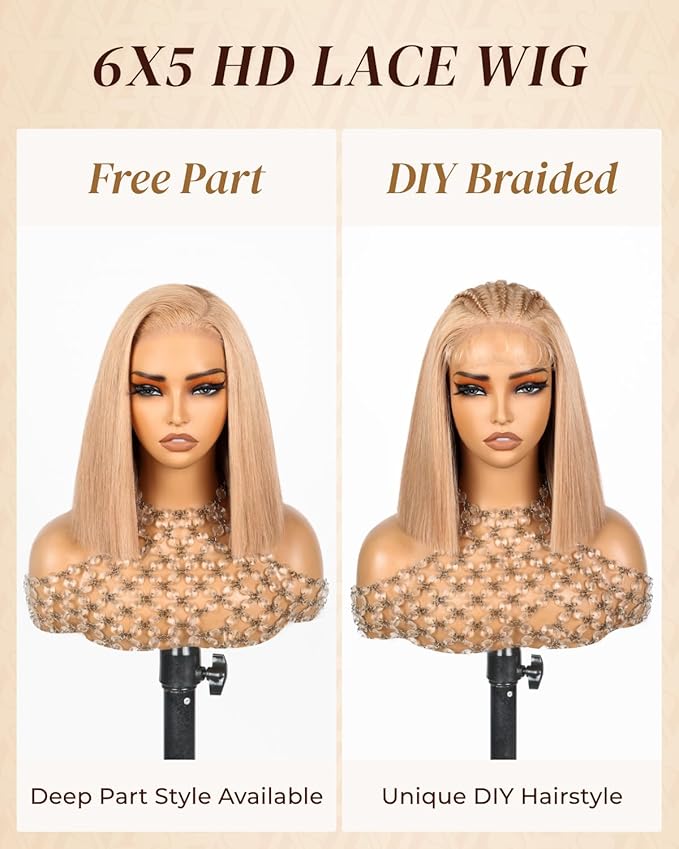Arabella 5x6 Ready to Go Glueless Wigs Human Hair 210% Density Light Flaxen Brown Bob Wig Human Hair 613 Lace Front Bob Wig Human Hair Pre-Cut Lace Glueless Wigs Human Hair (12inch, 5x6 Glueless Bob)