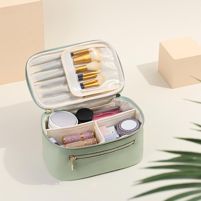 Travel Makeup Bag Organizer, Large Capacity Cosmetic Pouch for Women, Waterproof Make Up with Divider, Clamshell Makeup Case Make Up Bag with Handle and Metal Zipper, Travel Essentials Green