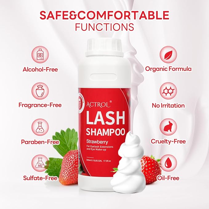 Eyelash Extension Cleanser 500ml Strawberry Natural Lash Extension Shampoo Professional Eyelid Foaming Cleanser Paraben & Sulfate Free Non-lrritating with Salon and Home Care