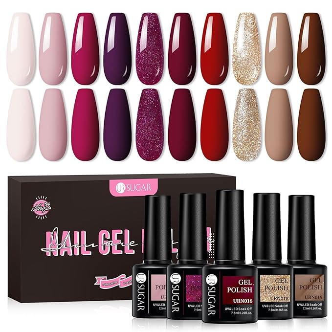UR SUGAR Gel Nail Polish, 10 Colours Valentine's Purple Red Brown Light Pink Red Rose Gold Glitter Gel Polish Sets Soak Off Gel Nail Varnish Gifts for Women DIY Home