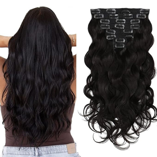 Clip in Human Hair Extensions Body Wave,120g 8pcs Soft Body Wave Clip In Real Hair Extensions 16inch #1B Natural Black Human Hair Wavy Hairpiece for Women