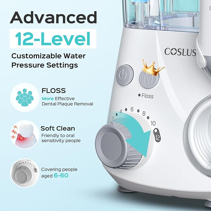 COSLUS Professional Water Flosser for Teeth: 12 Pressure Settings Electric Dental Pick for Orthodontic, Braces, Sensitive Gums - Home Use, 5 Jet Tips for Multiple Users, Family, White, E2