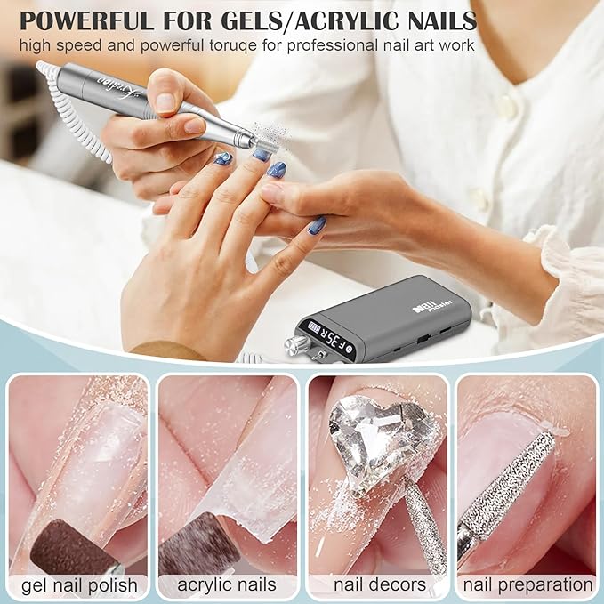 Kredioo Nail Drill, Nail Drills for Professional Acrylic Nails 35000RPM Rechargeable Portable Electric File Drill Machine with 10 Bits Set Quickly Remove Gel Polish Salon Quality Manicure-Grey
