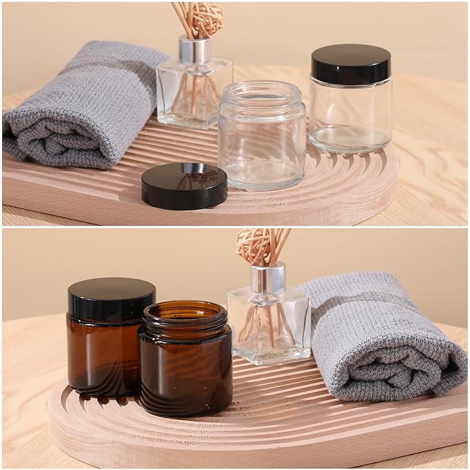 Norme 24 Pcs 4 oz Glass Jars with Lids Leakproof Round Airtight Empty Cosmetic Jars with Inner Liners Lid for Storing Lotions Powder Ointments Candle Making (Black,Amber and Clear)