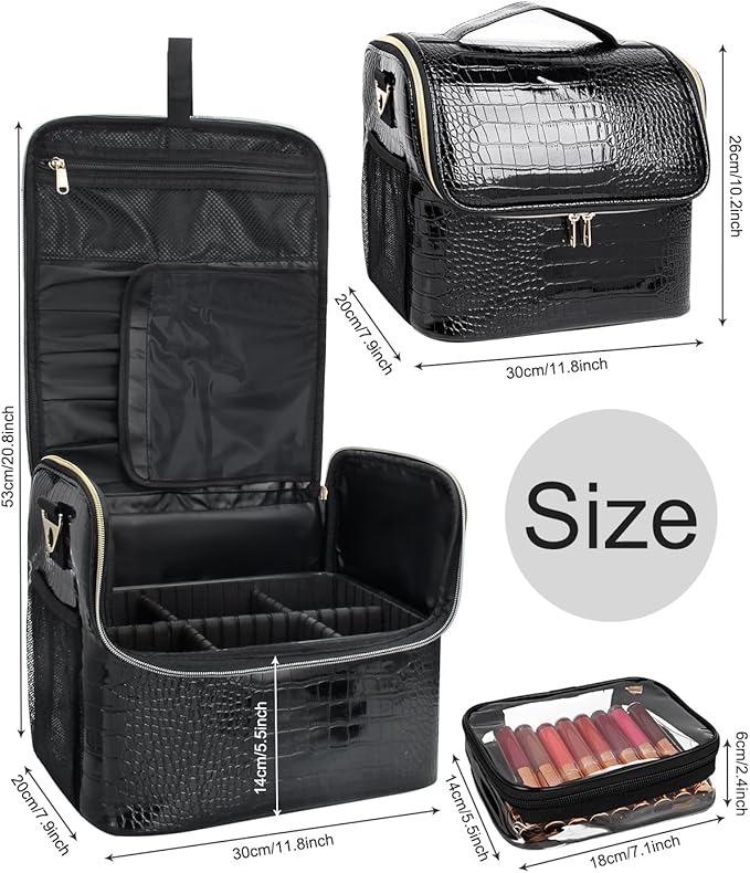Travel Makeup Bag, Tattoo Case with 4 Inner Removable Pouches, Professional Makeup Artist Bag Travel Organizer Box with Adjustable Dividers (Medium, Black)