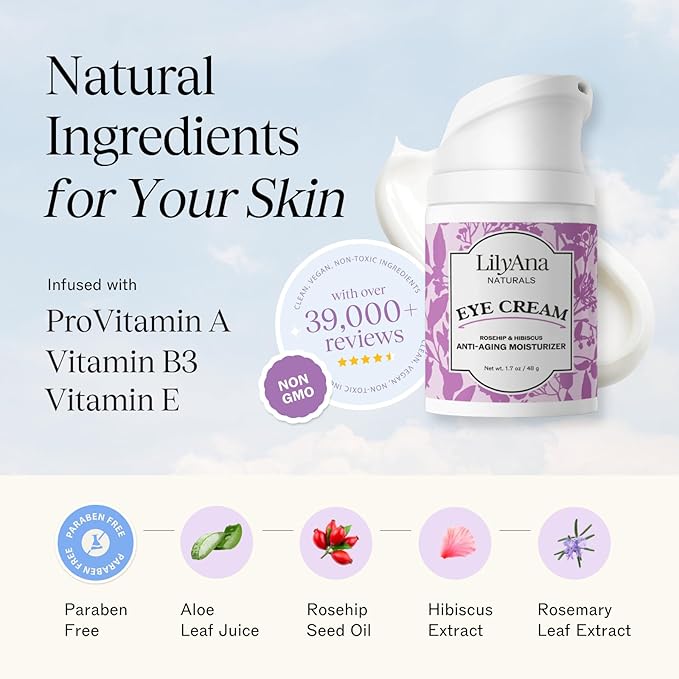 LilyAna Naturals Eye Cream for Dark Circles and Puffiness, Under Eye Cream, Anti Aging Cream Reduce Fine Lines and Wrinkles 1.7 Oz