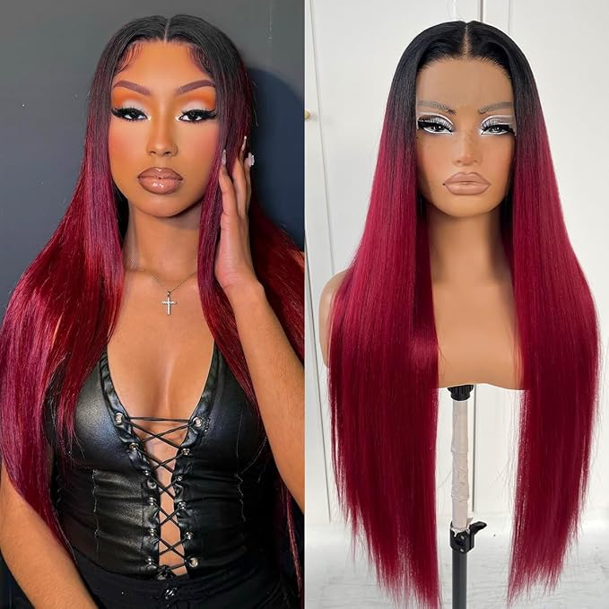 1b/99j Burgundy Ombre Lace Front Wig Pre-plucked Red Glueless Synthetic HD Cosplay Wig Wear And Go Long Straight Lace Front Wigs for Black White Women