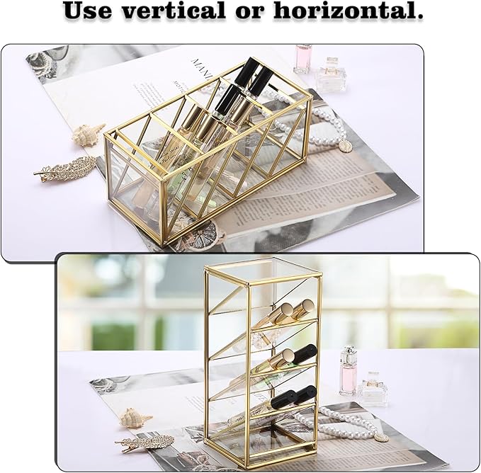 ELLDOO Rollerball Perfume Organizer, 4 Compartment Clear Glass Perfume Storage Holder Vintage Beauty Scent Holder, Metal Makeup Lipgloss Lipstick Display Case