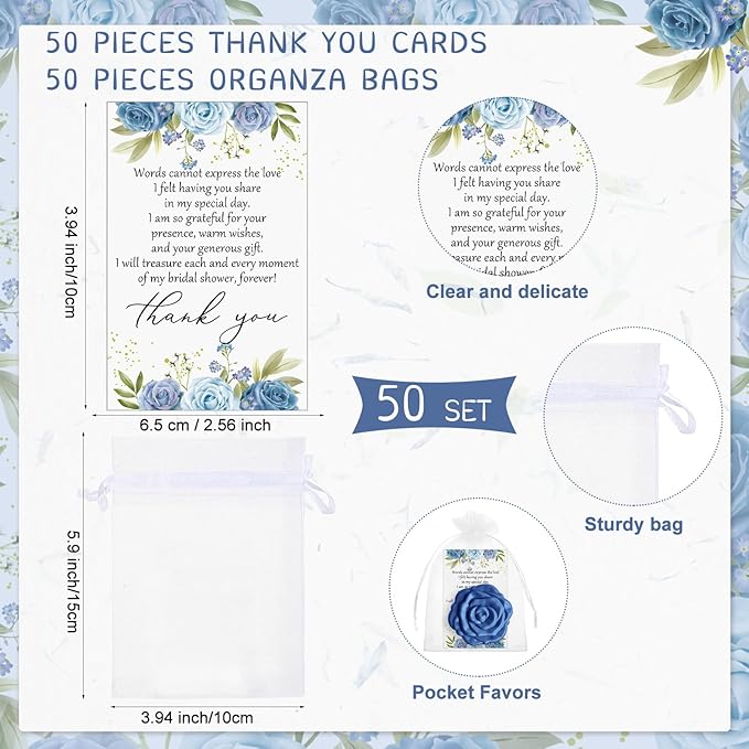 50 Sets Bridal Shower Party Favors for Guests Small Rose Compact Mirror Bulk Wedding Favors Thank You Cards and Organza Bags Wedding Party Guests Souvenir Gift (Blue)