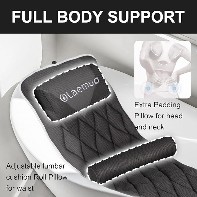 Full Body Bath Pillow Bathtub Pillows-Removable Lumbar Cushion with 17 Non-Slip Suction Cups 4D Air Mesh Fit Any Tub Luxury Bathroom Accessories-Grey