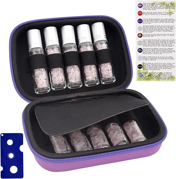 Essential Oil Roller Bottle 10ml w EVA Carrying Travel Case（Clear Glass Bottle with silver Cap、10pack、Gemstone Roller Balls、Healing Crystal Chips Inside、Opener)Gemstone Roller Ball Bottles