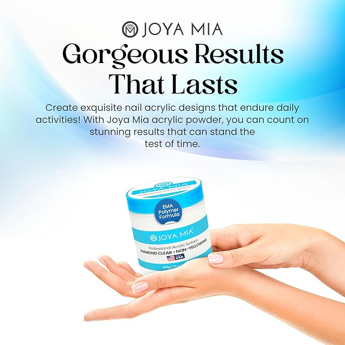 Joya Mia Acrylic Powder for Nails, MMA-Free, Super Adhesion Professional Powder for Flawless & Long-Lasting Nail Enhancements, Easy Application, Vibrant & Stunning Colors - Diamond Clear, 16 oz