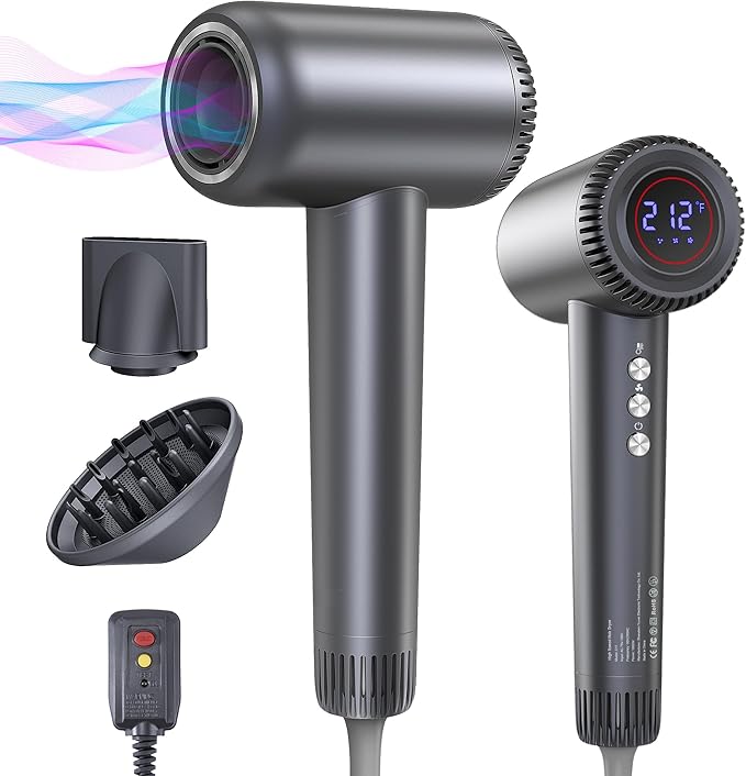 Hair Dryer, 180000 RPM High-Speed Blow Dryer, 1600W Low Noise Brushless Motor, Negative Lonic Professional Care Hair Dryer, 4 Thermo-Control with Magnetic Diffuser and Nozzle for Travel, Salon(Gray)