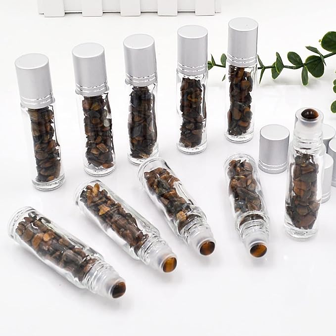 Essential Oil Roller Bottle 10ml w EVA Carrying Travel Case（Clear Glass Bottle with silver Cap、10pack、Gemstone Roller Balls、Healing Crystal Chips Inside、Opener)Gemstone Roller Ball Bottles