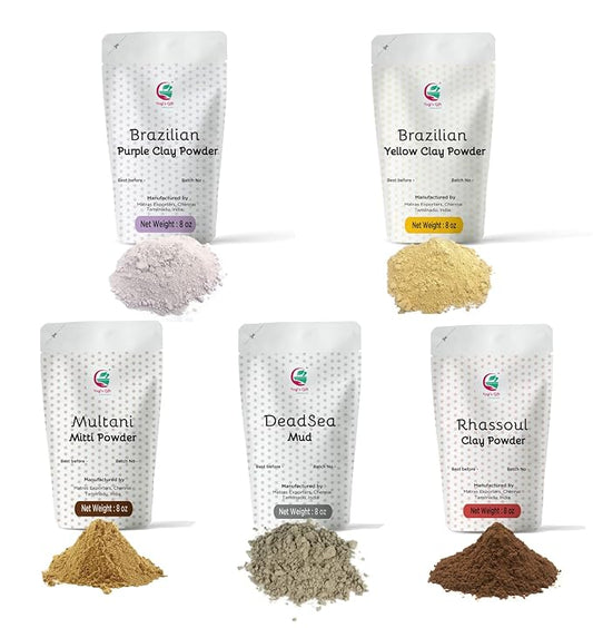 Pack of 5 Cosmetic Clay Powders | Clays for Soap Making and Mask Making | Multani Mitti, Rhassoul, Dead Sea Mud, Yellow & Purple Clay Powders | 8oz Each | Best Colorful Clays for DIY | Yogi’s Gift®