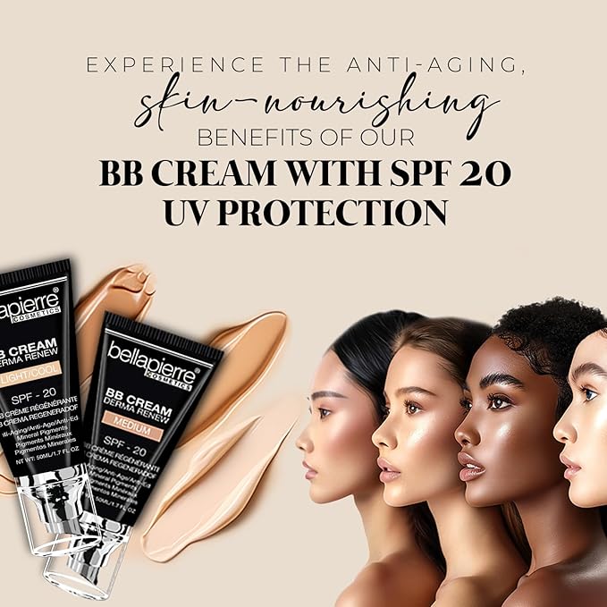 bellapierre BB Cream with SPF 20 - Tinted Sunscreen, Concealer, Matte Foundation, & Moisturizing Face Cream | Lightweight Formula + Pump Top Applicator | Non-Toxic & Paraben Free | 1.7 Oz - Medium