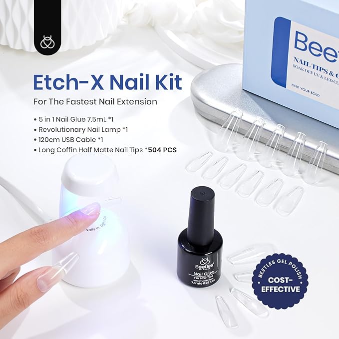 Beetles Gel Nail Kit Easy Nail Extension Set Etch X Nail Tips 500Pcs Pre Filed Half Matte Long Coffin Nail Tips with 5 in 1 Nail Glue Gel Uv Led Nail Lamp Acrylic Nail Tips