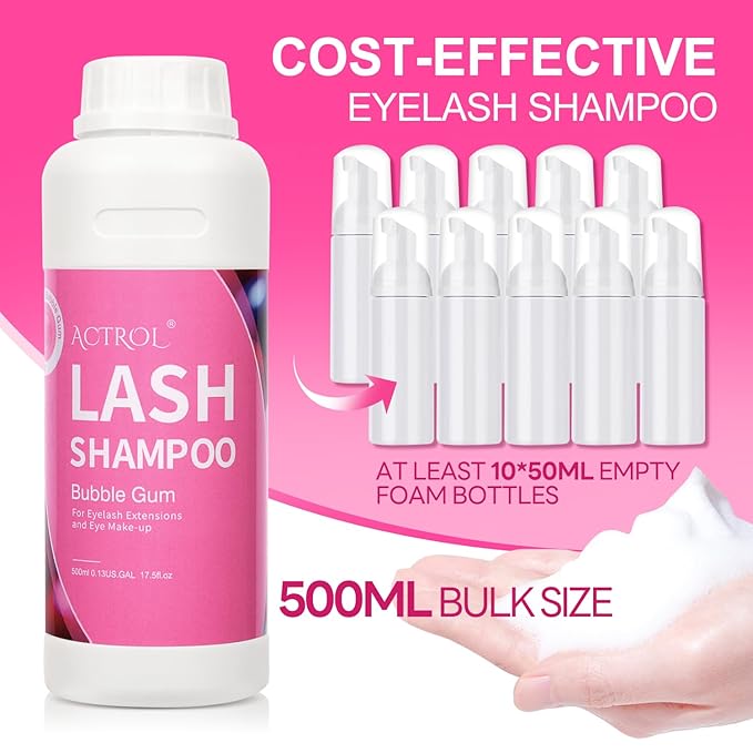Eyelash Extension Cleanser Bubble Gum 500ml Natural Lash Extension Shampoo Professional Eyelid Foaming Cleanser Paraben & Sulfate Free Non-lrritating with Salon and Home Care