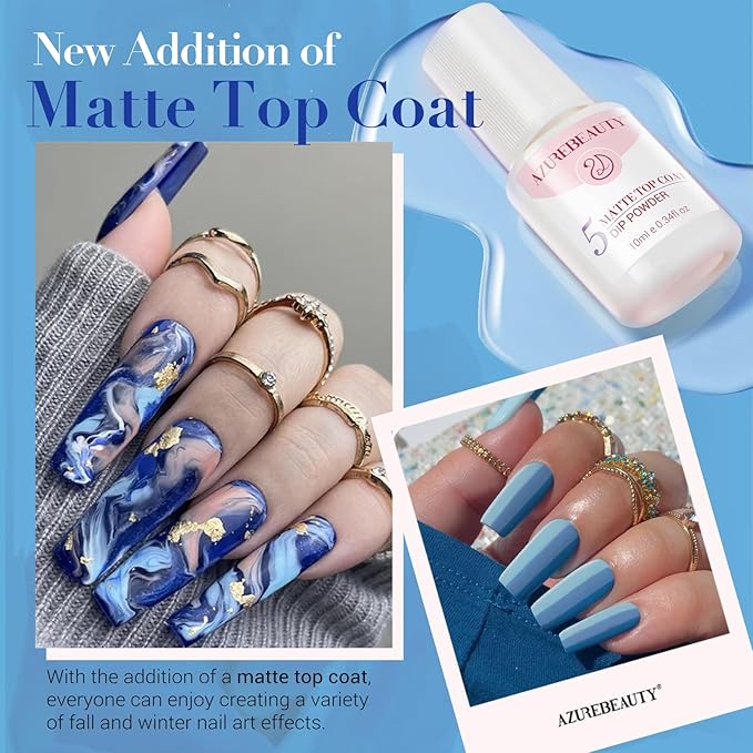 AZUREBEAUTY 30Pcs Dip Powder Nail Kit Starter with Nail Sticks, Glitter Baby Dark Blue 8 Colors Dipping Powder Liquid Set Added Matte Top Coat for Fall Winter Nail Art Manicure Salon DIY Home Gift
