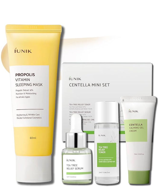 IUNIK Centella Mini Set, Travel Friendly Skincare Set, Ultra calming and hydrating for sensitive skin: Tea Tree Relief Toner,Serum, Centella Calming Gel with Sleeping Mask