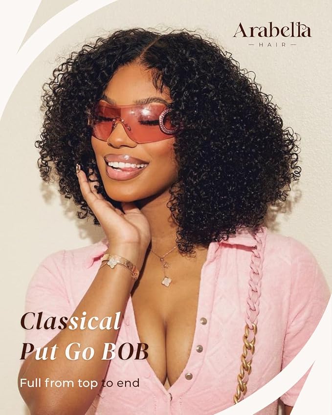 Arabella 5x6 Wear and Go Glueless Wigs Human Hair Deep Curly Bob Wig Lace Front Wig Human Hair 210% Density Pre-Cut Lace Wigs Pre Bleached Tiny Knots Bob Wig Human Hair(14inch, 5x6 Glueless Bob)