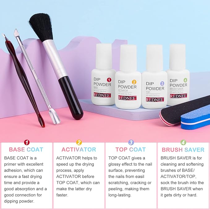 REDNEE 39pcs Dip Powder Nail Kit Starter, 30 Neutral Skin Color White Pink Dipping Powder Set with Top Base Coat Activator & Nail Brush File for Valentine's Day Nail Art Manicure Salon Gift Set RE19