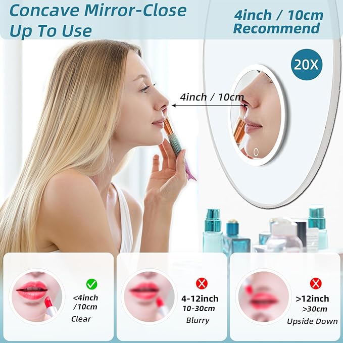 20X Magnifying Mirror with Light, Rechargeable 3 Colors Dimming Lighted Magnifying Mirror with 3 Suction Cups and 360° Stand, 6" Large Travel Tabletop Magnified Makeup Mirror with Tweezers & Scissors