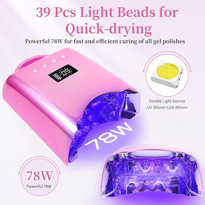 Professional UV LED Nail Lamp, Cordless Rechargeable UV Light for Gel Nails, 78W Fast Curing Gel Nail Light with 4 Timer Setting LCD Display, Auto Sensor and Spacious Interior(Metallic Pink)