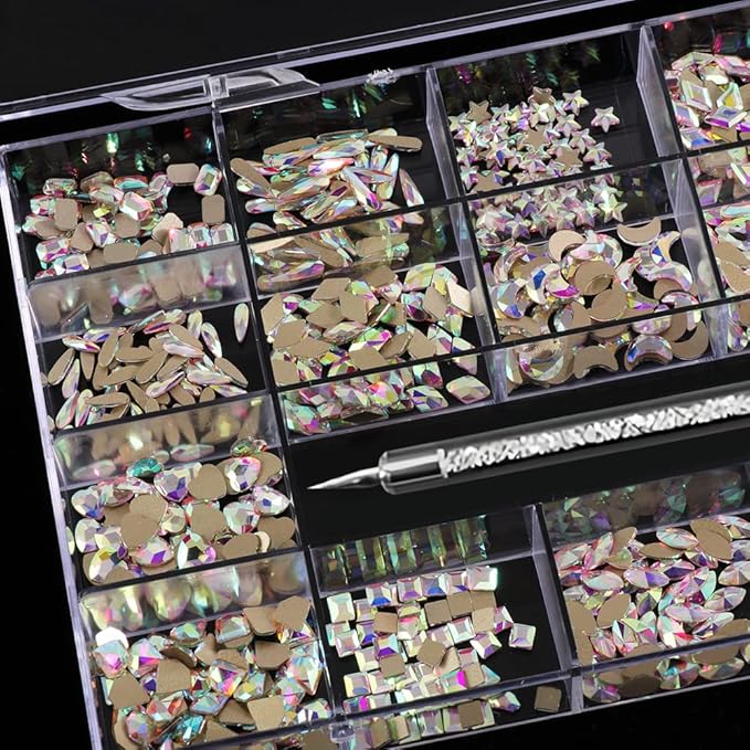 3100Pcs Nail Crystal Rhinestones Kit, Mix Shapes AB Glass, 3D Diamonds Flatback Crystals, with a Drill Pen, Nail Crystal Non Hotfix, Nail Art Decoration(Silver)