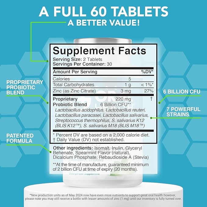 Oral Probiotics for Mouth Bad Breath Treatment for Adults: Dentist Formulated BLIS K12 M18 Advanced Oral Probiotics for Teeth and Gums, 60 Chewable Oral Health Probiotics Supplement Tablets (Mint 3pk)