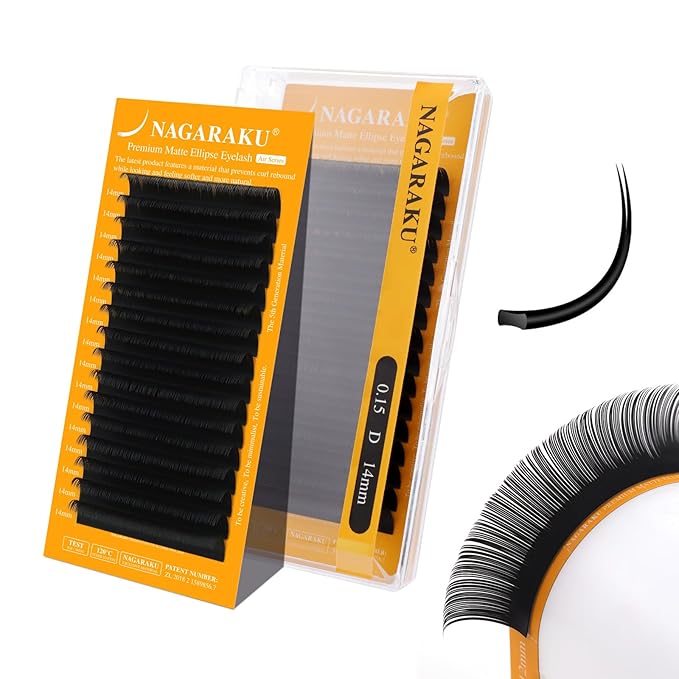 NAGARAKU Flat Ellipse Eyelash Extensions, 5TH GEN AIR SERIES Double Tips Lashes Lighter Thinner Flat Split Tips Individual Lash Matte Black Classic False Eyelashes 16 Rows -0.15 D Curl 14mm