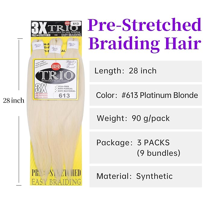 BNG 3X Pre-Stretched Braiding Hair, 28" Professional Itch Free Synthetic Fiber Braids Hair Extensions for Easy Braid, 3 PACKS (9 bundles), (#613 Platinum Blonde)