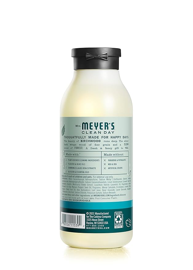 MRS. MEYER'S CLEAN DAY Moisturizing Body Wash for Women and Men, Biodegradable Shower Gel Formula Made with Essential Oils, Birchwood, 16 oz - Pack of 3