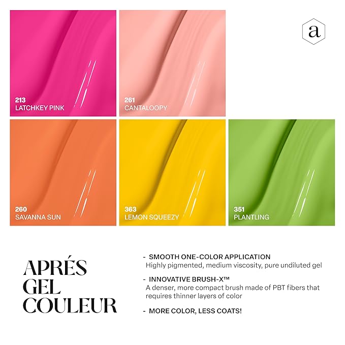 Apres Gel Couleur Combo Set, 5 Color Gel Nail Polish, Bright Nude Pastel Colors with Brush-X Nail Art Brush, 2024 Edition (Set 5)