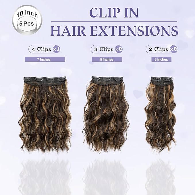 10 Inch Short Clip in Hair Extensions 5Pcs Dark Brown Mix Caramel Blonde Curly Synthetic Hair Pieces Soft Thick Clip in Bob Hair Extensions for Women