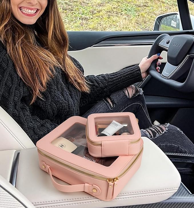 Clear Makeup Bags TSA Approved Toiletry Bag Handle Large Opening,Clear Toiletry Bags for Carry-on Traveling Travel Car Accessories Essentials Organziation Storage for Women Girls(Pink, Mini&Large)